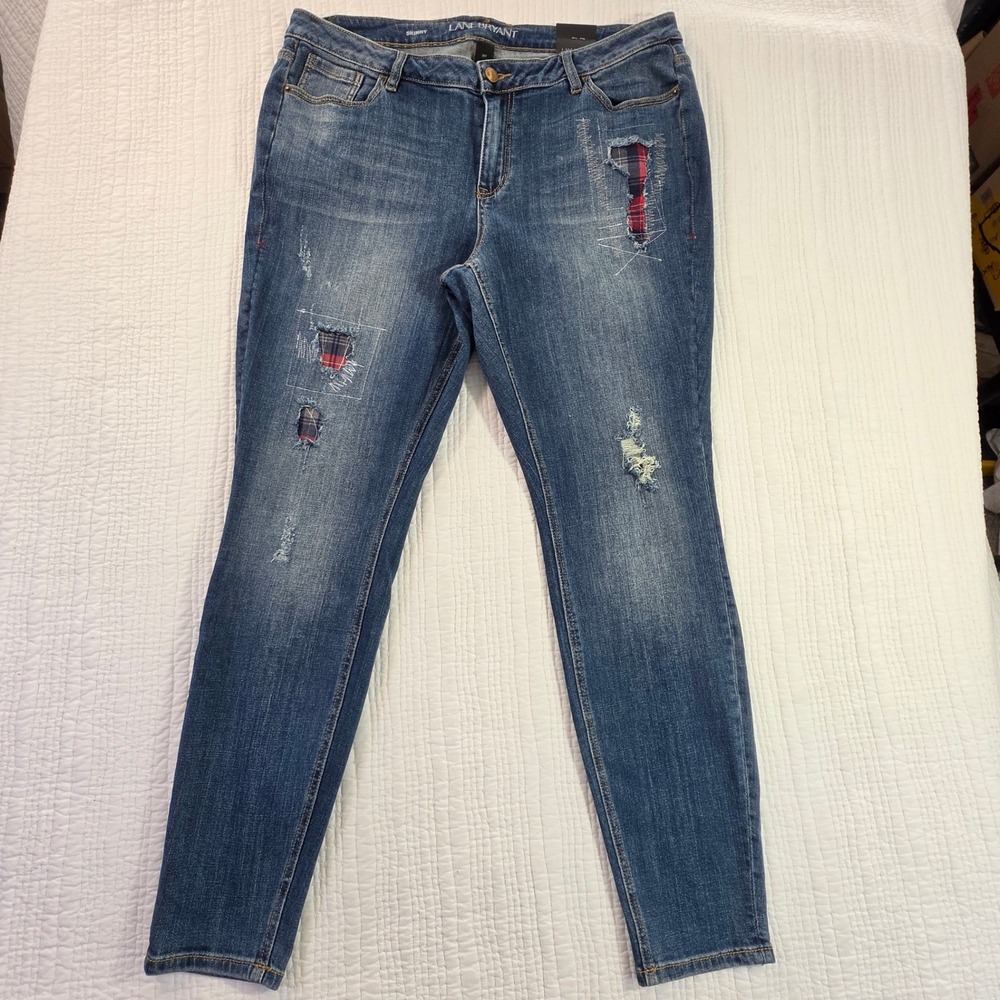 Lane Bryant Skinny Jeans Womens 20 Long Blue Distressed Plaid Patch Low Rise NEW